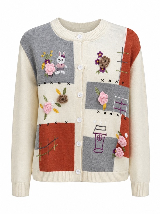unbranded Sweaters - Embroidered Patchwork Button-Up Cardigan - Cream/Grey/Rust